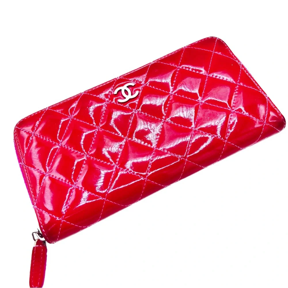 CHANEL Patent Quilted Zip Around Long Wallet Pink Salmon 14 Series (2011)